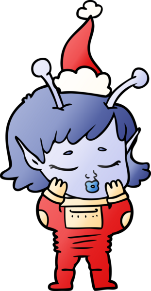 Bir insan tarafından çizilmiş Noel Baba şapkası giyen uzaylı bir kızın el çizimi karikatürü.