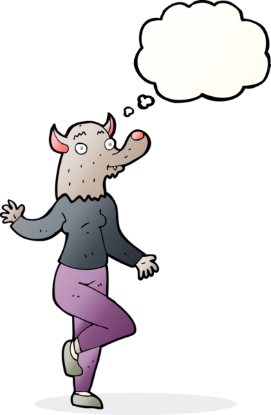 Bir insan tarafından çizilmiş düşünce balonlu kurtadam kadın.