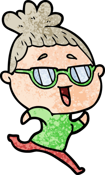 Bir insan tarafından çizilmiş gözlüklü mutlu kadın çizgi filmi.