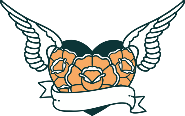 Bir insan tarafından çizilmiş çiçek ve bayrak ile uçan bir kalbin ikonik dövme görüntüsü