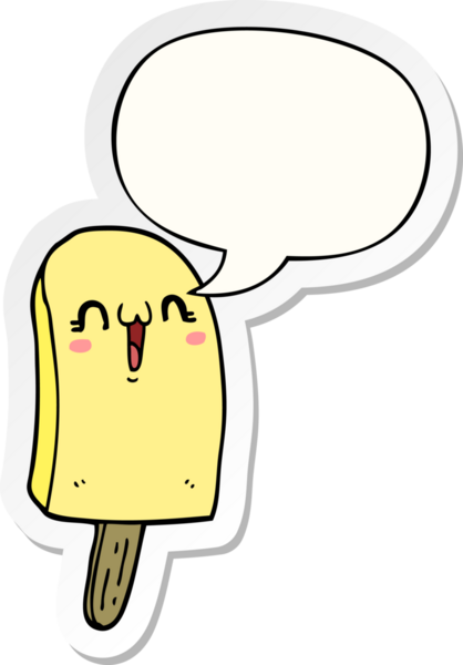 Bir insan tarafından çizilmiş konuşma balonu çıkartmalı donmuş buz lolipopu çizgi filmi.