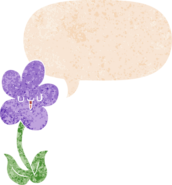 gülen yüzlü çizgi film çiçeği grunge 'da konuşma kabarcığı sıkıntılı retro dokuma tarzı bir insan tarafından çizilmiş.