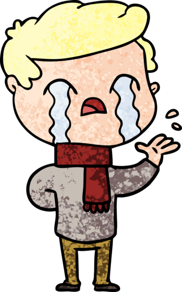 Bir insan tarafından çizilmiş kış eşarbı takmış ağlayan çizgi film adamı.