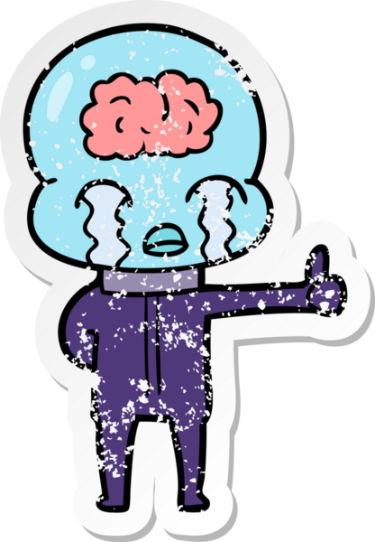 Ağlayan koca beyinli bir uzaylının sıkıntılı çıkartması. Ama bir insan tarafından çizilmiş baş parmak işareti.