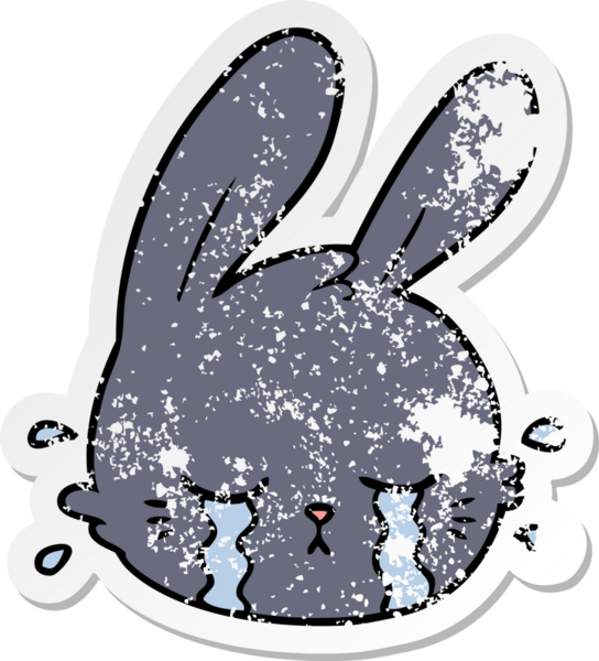 Bir insan tarafından çizilmiş ağlayan tavşan suratlı karikatür çıkartması.