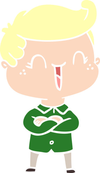 Düz renkli çizgi film karakteri gülen çocuk bir insan tarafından çizilmiş.