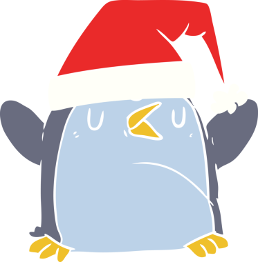 Bir insan tarafından çizilmiş bir noel şapkası giyen düz renkli penguen.