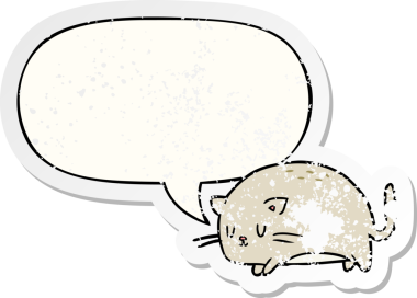 Konuşma baloncuğu olan sevimli şişman çizgi film kedisi bir insan tarafından çizilmiş sıkıntılı eski bir çıkartma