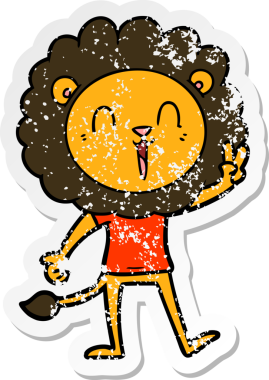 Bir insan tarafından çizilmiş barış işareti veren gülen bir aslanın sıkıntılı çıkartması.