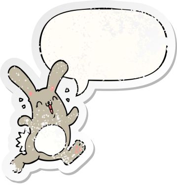 Konuşma baloncuğu olan çizgi film tavşanı bir insan tarafından çizilmiş sıkıntılı eski bir çıkartma