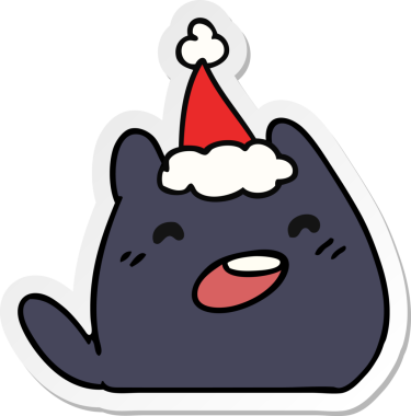 Bir insan tarafından çizilmiş kawaii kedisinin el çizimi Noel çıkartması.