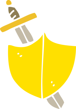 Bir insan tarafından çizilmiş düz renk çizim kılıç ve kalkan.