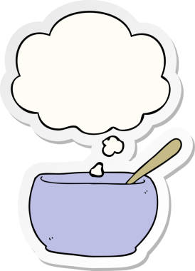 Düşünce baloncuklu çorba kasesi insan tarafından çizilmiş bir çıkartma.