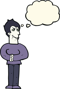 Bir insan tarafından çizilmiş düşünce baloncuğu olan bir vampir.