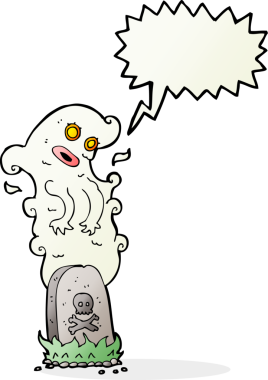 Bir insan tarafından çizilmiş konuşma balonuyla mezardan yükselen karikatür hayaleti.