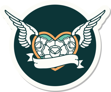 Geleneksel bir dövme stili. Uçan kalp. Çiçekler ve bir insan tarafından çizilmiş bayrak.