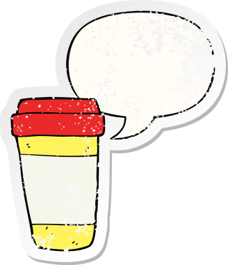 Konuşma balonlu çizgi film kahve fincanı bir insan tarafından çizilmiş sıkıntılı eski bir çıkartma