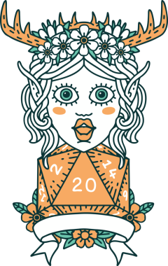 Retro Dövme Tarzı Elf Karakteri Bir insan tarafından çizilmiş doğal 20 zar ile