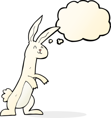 Bir insan tarafından çizilmiş düşünce kabarcığı olan çizgi film tavşanı.