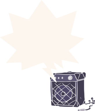 bir insan tarafından çizilmiş eski usul konuşma balonlu elektro gitar amfisi.