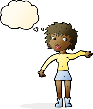 Karikatür dostu kadın bir insan tarafından çizilmiş düşünce balonuyla el sallıyor.