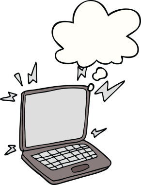Bir insan tarafından çizilmiş düşünce balonlu dizüstü bilgisayar.