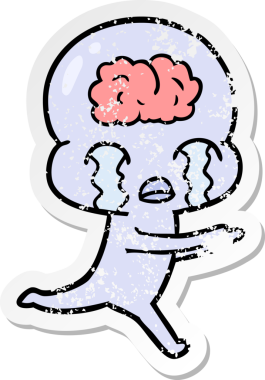 Bir çizgi filmin sıkıntılı çıkartması. Bir insan tarafından çizilmiş büyük beyinli uzaylı ağlaması.