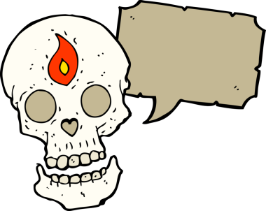 Bir insan tarafından çizilmiş konuşma balonlu mistik kafatası.