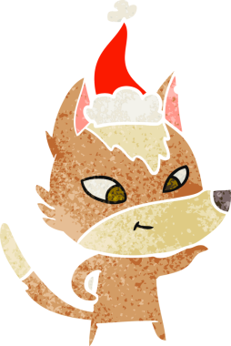 Dost canlısı el, bir insan tarafından çizilmiş Noel Baba şapkası takan bir kurdun eski çizgi filmini çizdi.