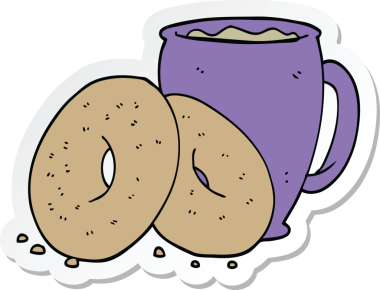 Bir insan tarafından çizilmiş kahve ve çörek etiketi.