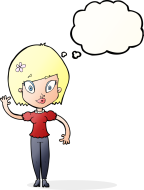 Bir insan tarafından çizilmiş düşünce baloncuğuyla el sallayan güzel bir kadın.