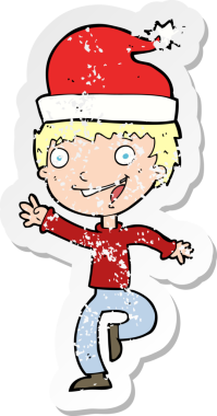 Bir insan tarafından çizilmiş Noel 'e hazır karikatürcü bir adamın gerilimli çıkartması.