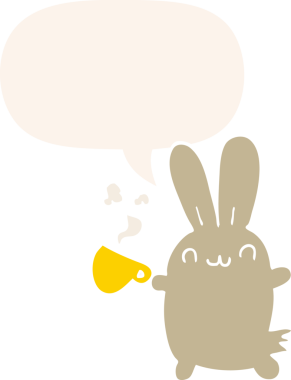 Sevimli çizgi film tavşanı konuşma baloncuğu olan kahve içerken bir insan tarafından çizilmiş.