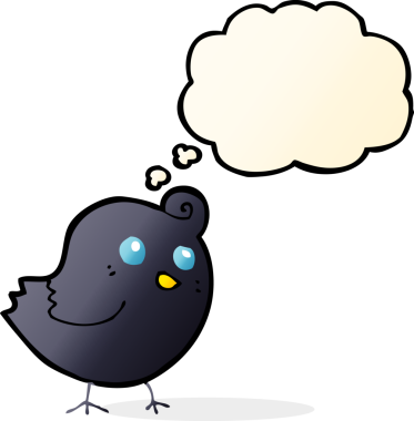 Bir insan tarafından çizilmiş düşünce baloncuklu çizgi film kuşu.