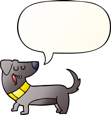 Bir insan tarafından çizilmiş, konuşma baloncuklu çizgi film köpeği.