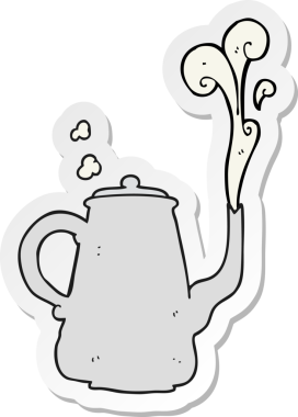 Bir insan tarafından çizilmiş dumanı tüten bir kahve makinesinin çıkartması.