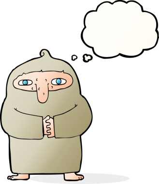 Bir insan tarafından çizilmiş düşünce kabarcığı olan cüppeli bir keşiş.