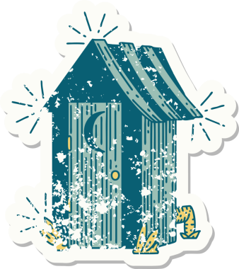 Dövme stili eski bir çıkartma. Bir insan tarafından çizilmiş açık hava tuvaleti.