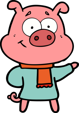 Bir insan tarafından çizilmiş kalın giysiler giyen mutlu bir domuz.