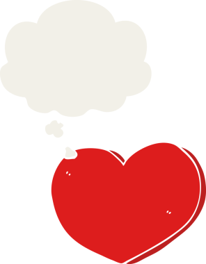 Düşünce baloncuğu olan karikatür kalp insan tarafından çizilmiş.