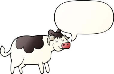 Bir insan tarafından çizilmiş yumuşak eğimli konuşma baloncuklu çizgi film ineği.