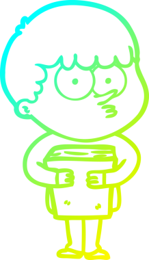 Bir çizgi film karakteri, elinde bir insan tarafından çizilmiş kitabı tutan meraklı bir çocuğun soğuk gradyan çizimi.