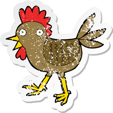 Bir insan tarafından çizilmiş komik çizgi film tavuğunun gerilimli retro yapıştırması