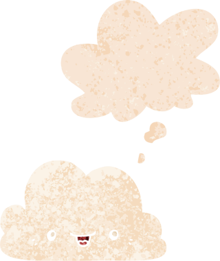 Düşünce baloncuğu ve grunge ile sevimli çizgi film bulutu bir insan tarafından çizilmiş sıkıntılı retro dokuma tarzı