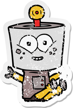 Bir insan tarafından çizilmiş mutlu çizgi film robotunun sıkıntılı çıkartması.