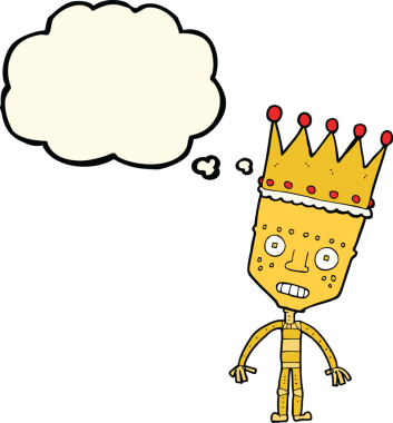 Düşünce baloncuklu taçlı çizgi film robotu bir insan tarafından çizilmiş.