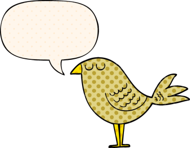 Bir insan tarafından çizilmiş çizgi roman tarzında konuşma baloncuğu olan çizgi film kuşu.