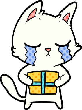 Ağlayan çizgi film kedisi elinde bir insan tarafından çizilmiş Noel hediyesini tutuyor.