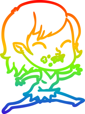 Gökkuşağı gradyan çizgisi. Bir insan tarafından çizilmiş yanağında kan olan vampir bir kız çizgi filmi.