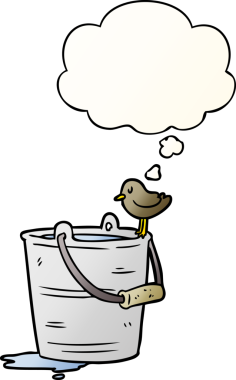 Bir insan tarafından çizilmiş, düşünce baloncuklu karton su kovası.